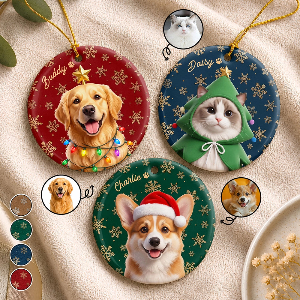 Art Design,Christmas,Custom Photo,Indoor Decor,Pet Lovers,Photo - Christmas Accessories 3D Cartoon Pet,Playful - Christmas Gift For Dog Cat Lovers - Personalized Custom Photo Snowflake Pet Portrait And Name Circle Ceramic Ornament