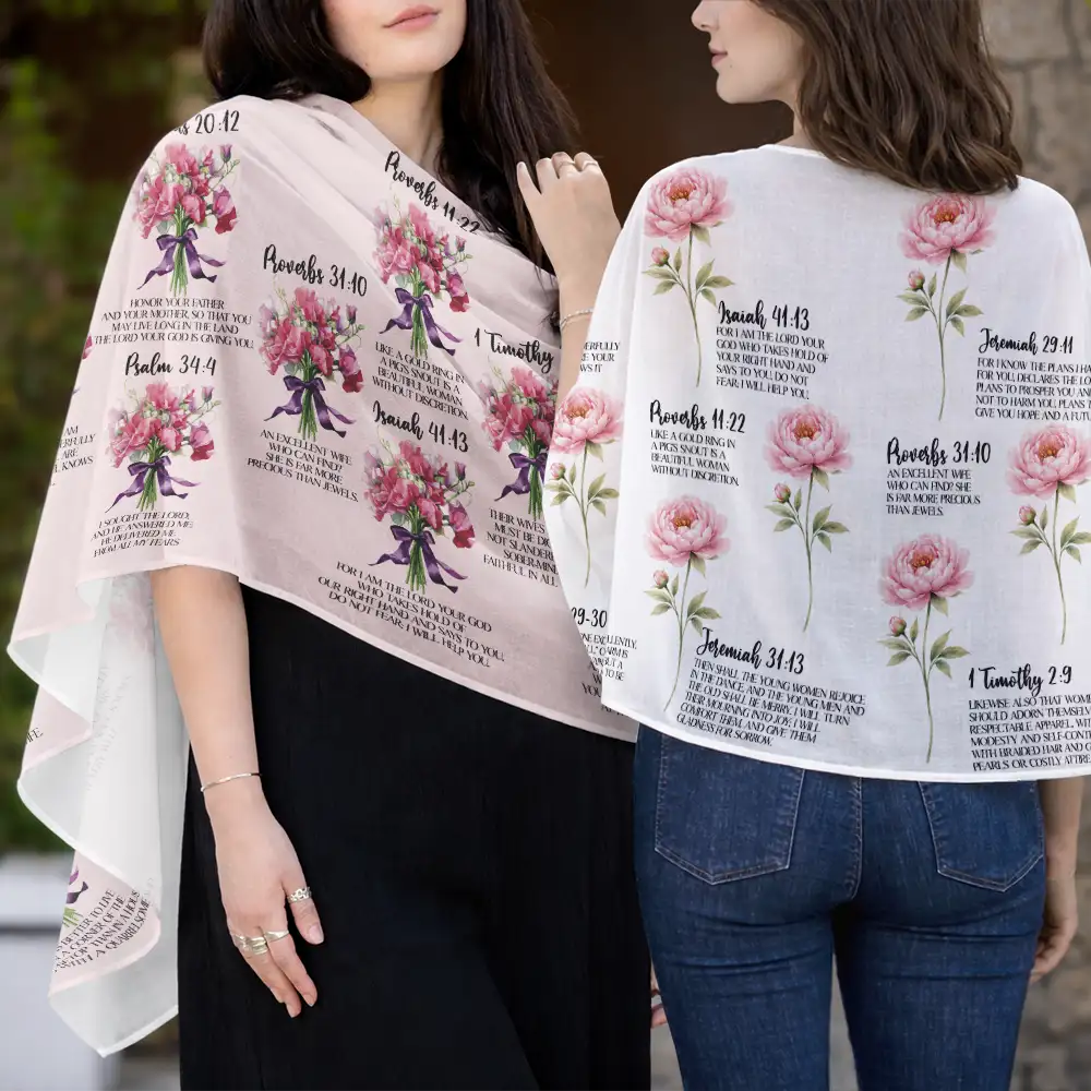 Gift For Women,Gift For Mother,Gift For Grandma,Happy - Watercolor Birth Flower Bible Verses For Woman - Personalized Lightweight Soft Shawl