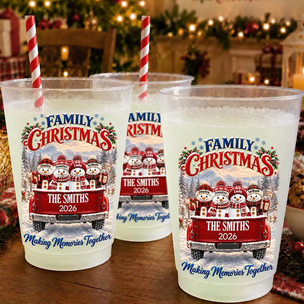 Christmas, Family, Icon, Sentimental - Christmas Gift For Family Gathering - Personalized Family Name Snowman Red Truck All Roads Lead Home At Christmas Frosted Cups