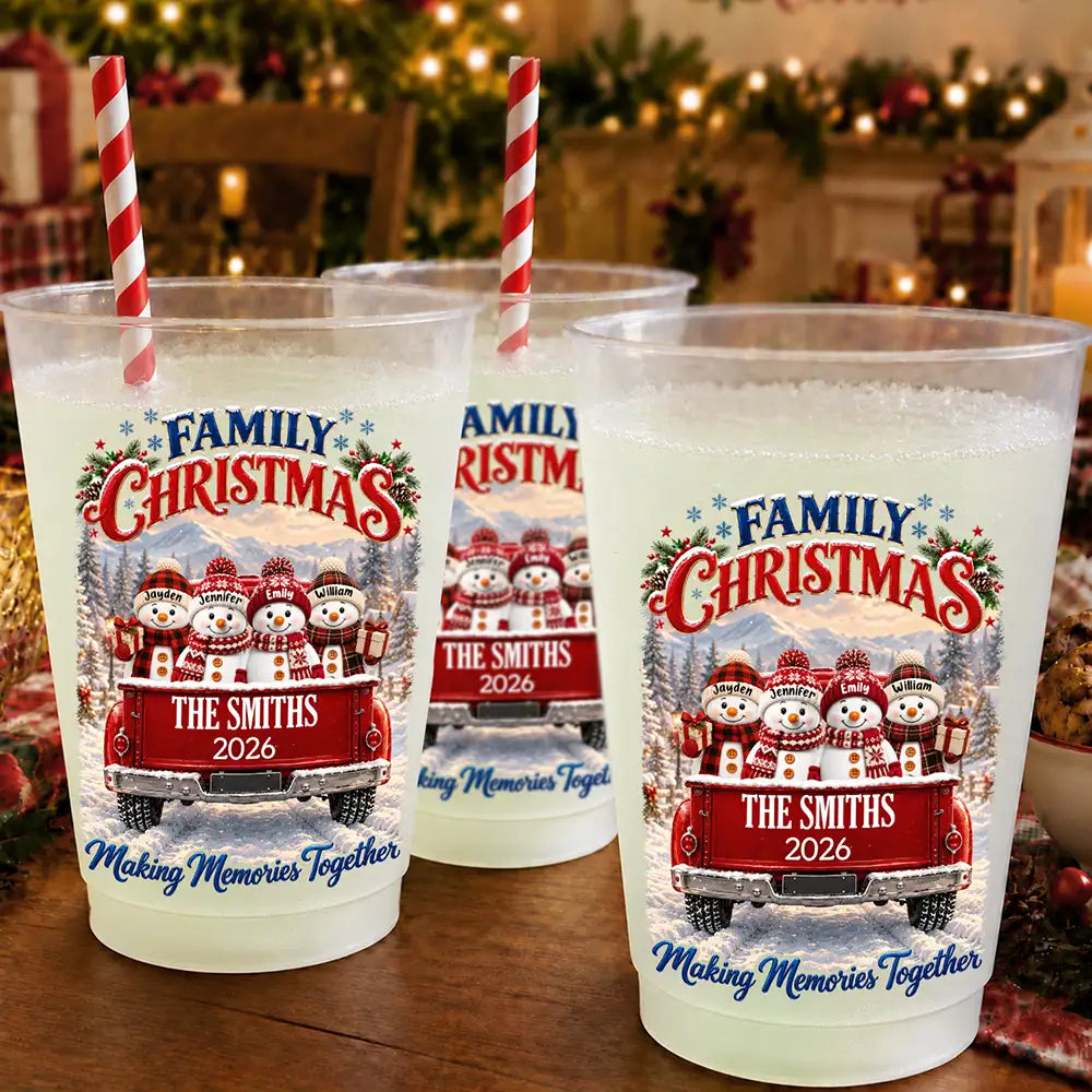 Christmas, Family, Icon, Sentimental - Christmas Gift For Family Gathering - Personalized Family Name Snowman Red Truck All Roads Lead Home At Christmas Frosted Cups