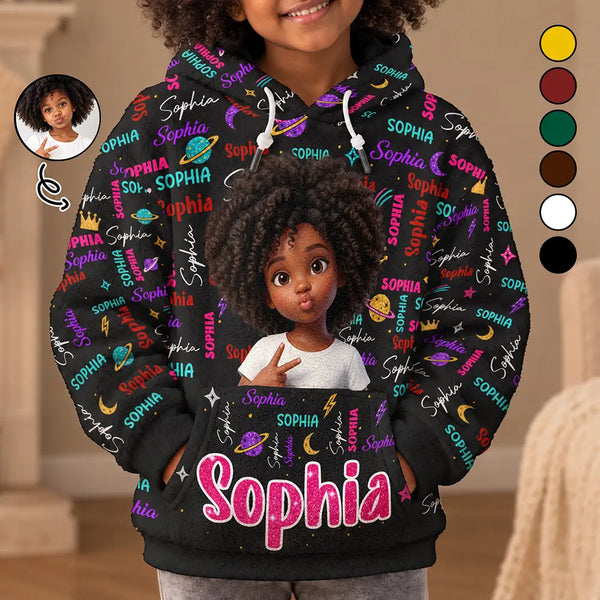 Art Design,Custom Photo,Gift For Kids,Happy,Photo - Cartoon Portrait,Top Market - Christmas Gift For Kids - Personalized Custom Photo Name Cute Pattern Fleece Hoodie