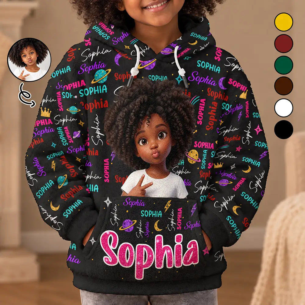 Art Design,Custom Photo,Gift For Kids,Happy,Photo - Cartoon Portrait,Top Market - Christmas Gift For Kids - Personalized Custom Photo Name Cute Pattern Fleece Hoodie