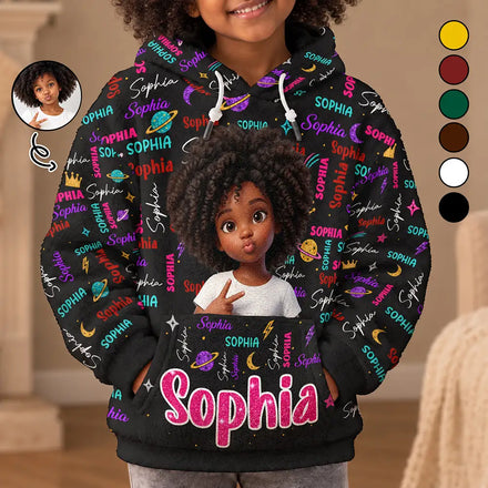 Christmas Gift For Kids - Personalized Custom Photo Name Cute Pattern Fleece Hoodie