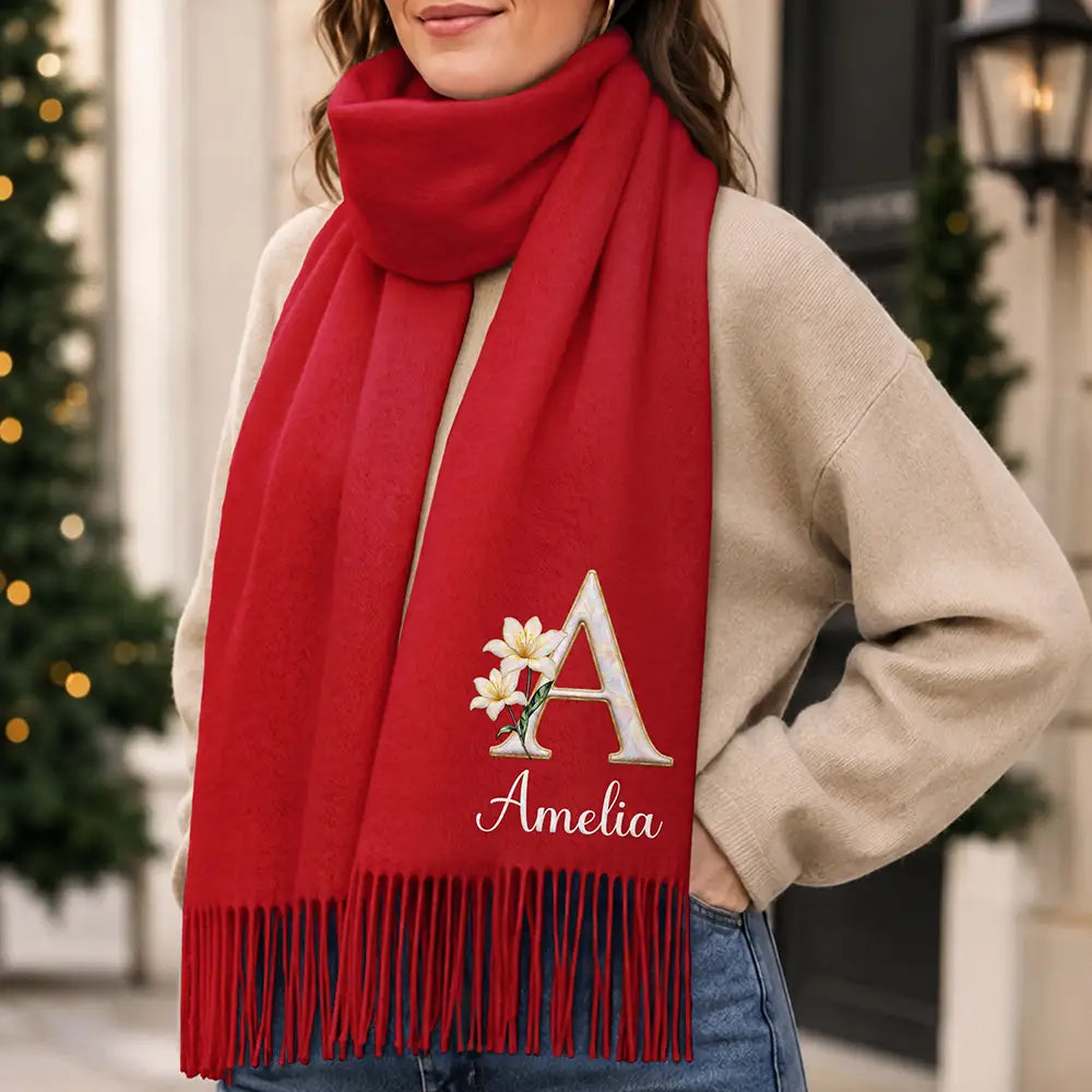 Gift For Mom Daughter Besties - Personalized Mother Of Pearl Effect Birth Flower Tassel Scarf