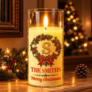 Christmas,Family,Icon,Sentimental - Christmas Home Decor Gift For Family - Personalized Monogram & Family Name Gold Initial In Holly Wreath LED Candle