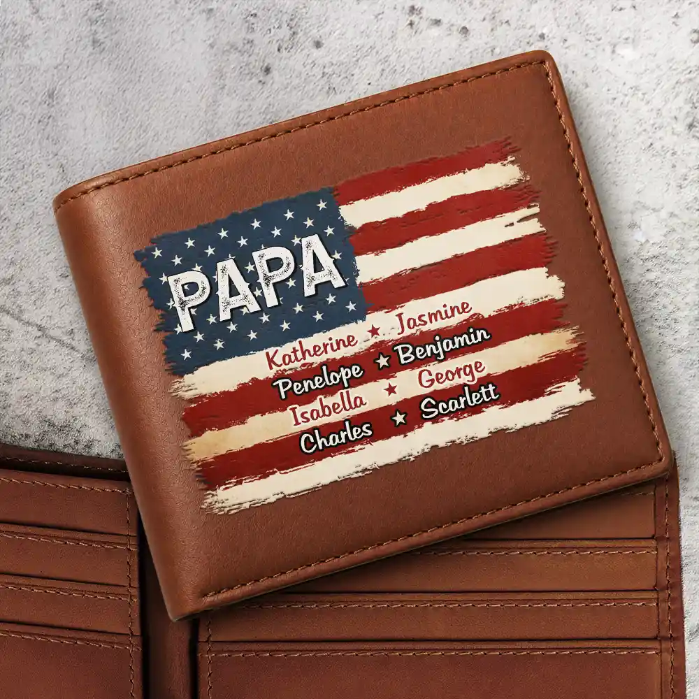 Gift For Father,America 250th,Confident,Custom Text - Stars & Stripes US Flag American Dad Grandpa - Personalized Leather Wallet