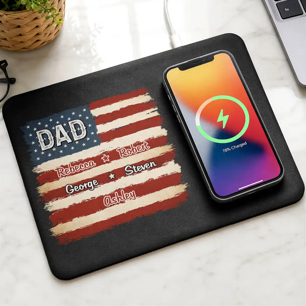 Gift For Father,Gift For Grandpa,Independence Day,Custom Text,Confident - Stars & Stripes US Flag American Dad Grandpa - Personalized Leather Charging Mat