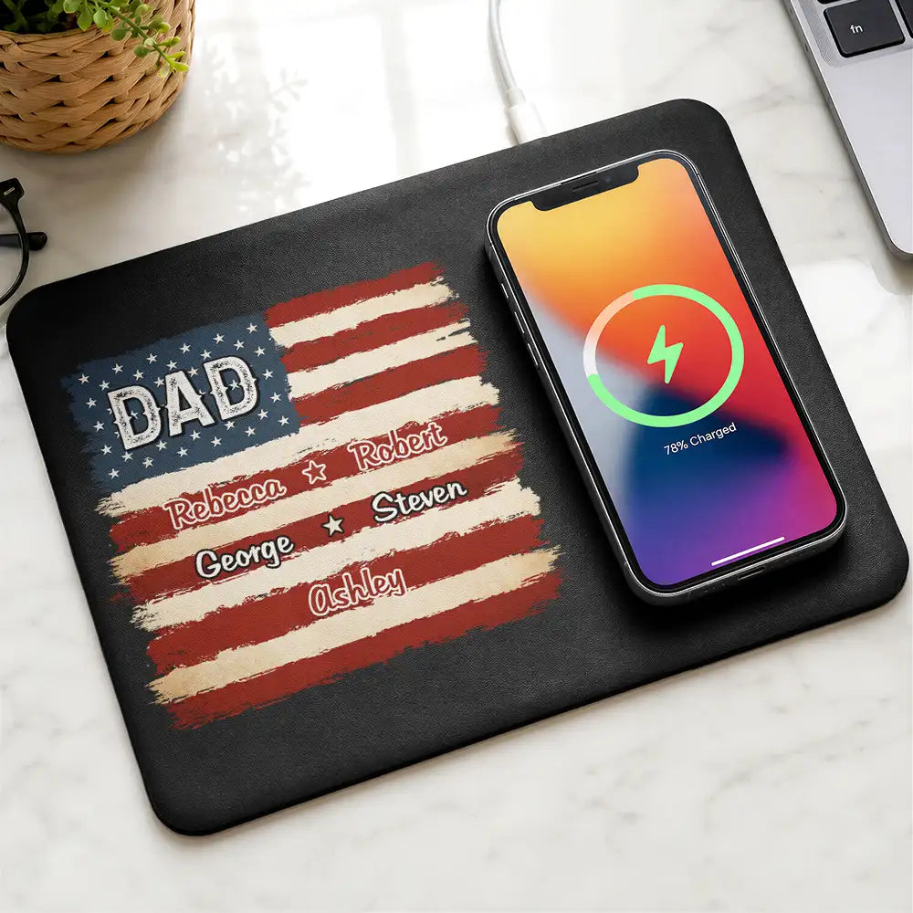 Gift For Father,Gift For Grandpa,Independence Day,Custom Text,Confident - Stars & Stripes US Flag American Dad Grandpa - Personalized Leather Charging Mat