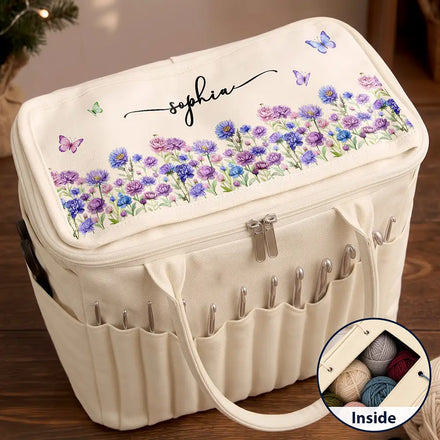 Birthday Gift For Crocheter Knitter Mom Daughter Sister Friend - Personalized Birth Flower & Name Wildflower Field Canvas Yarn Tote Bag