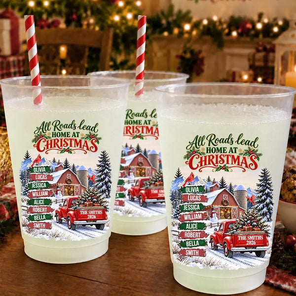 Christmas, Custom Text, Family, Sympathetic - Christmas Gift For Family Gathering - Personalized Family & Member Names All Roads Lead Home At Christmas Frosted Cups