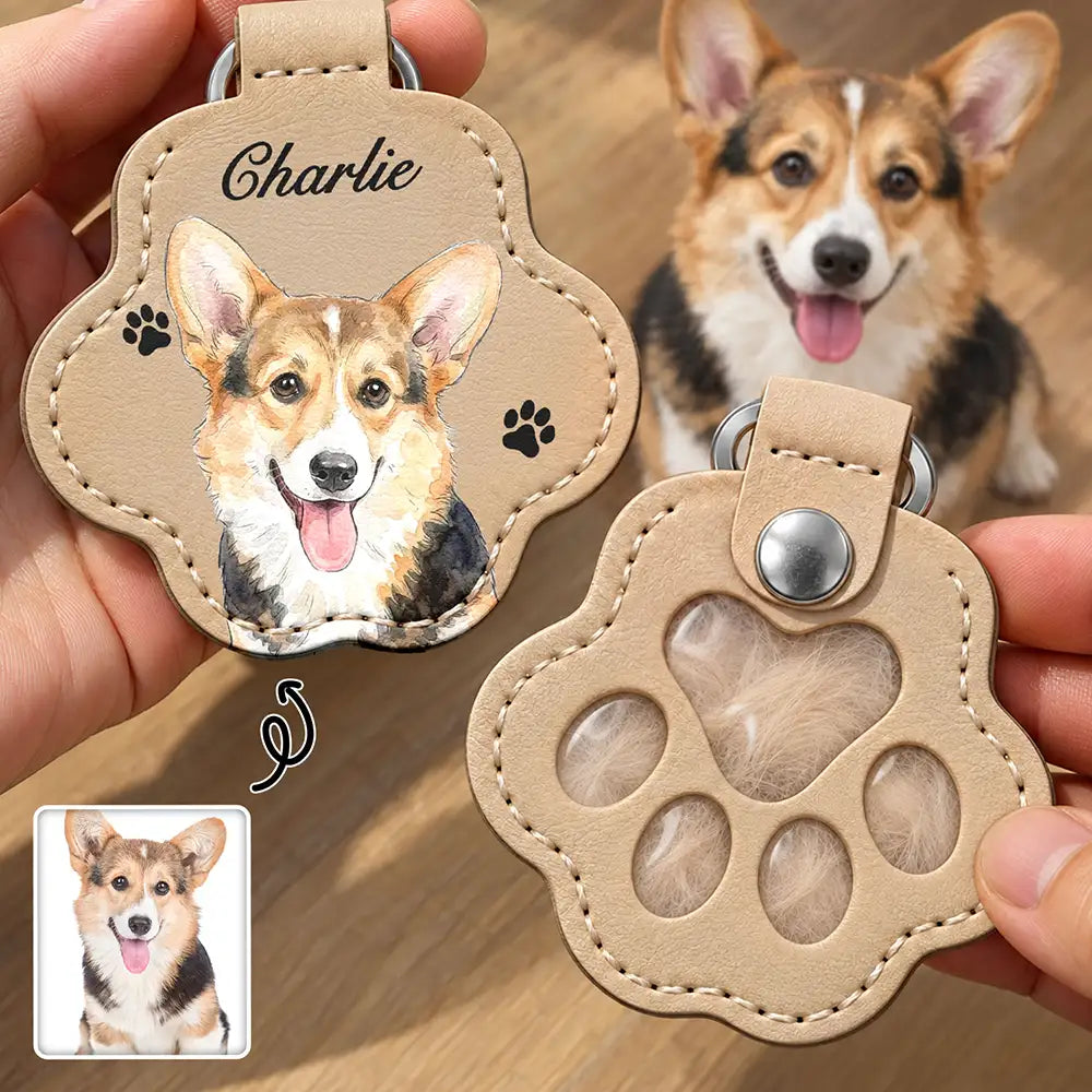Memorial Keepsake Gift For Pet Mom - Personalized Custom Photo Watercolor Portrait Pet Fur Keychain