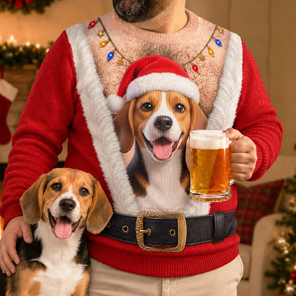 Adorable,Art Design,Christmas,Custom Photo,Gift For Father,Pet Dad,Pet Lovers,Photo - Christmas Accessories 3D Cartoon Pet,Top Market - Christmas Gag Gift For Pet Dad - Personalized Custom Photo Pet Face Hairy Chest Abs Body Unisex Ugly Sweater
