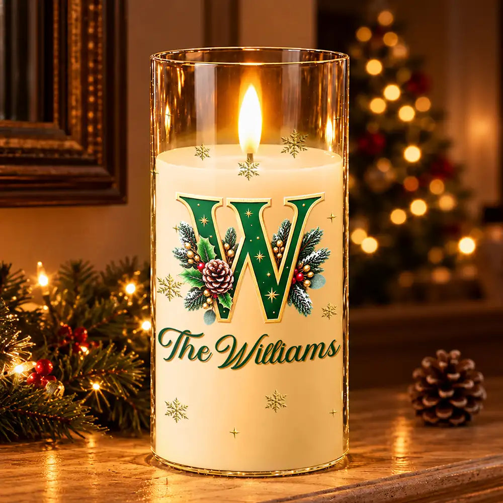 Christmas Home Decor Gift For Family - Personalized Monogram & Family Name Holly Botanical Initial LED Candle