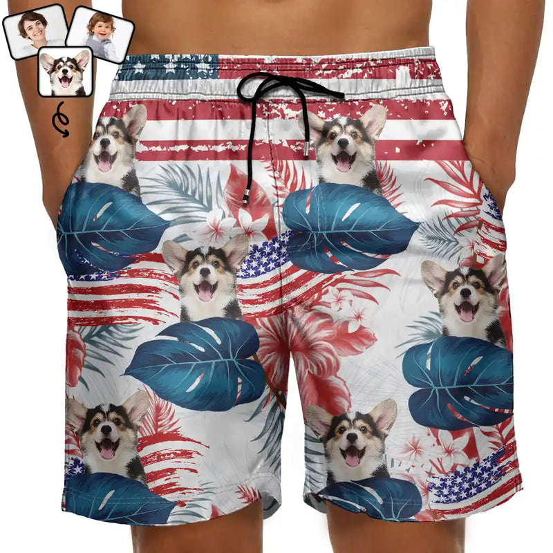 Custom Photo Funny Family Pet Face Stars And Stripes - Gift For Men, Dog And Cat Lovers - Personalized Custom Unisex Beach Shorts