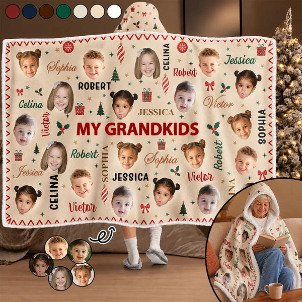 Christmas,Custom Photo,Cut-Face Photo,Gift For Grandma,Gifts For Her,Sentimental - Christmas Gift For Grandma Grandpa - Personalized Custom Photo My Grandkids With Name Pattern Wearable Hooded Blanket