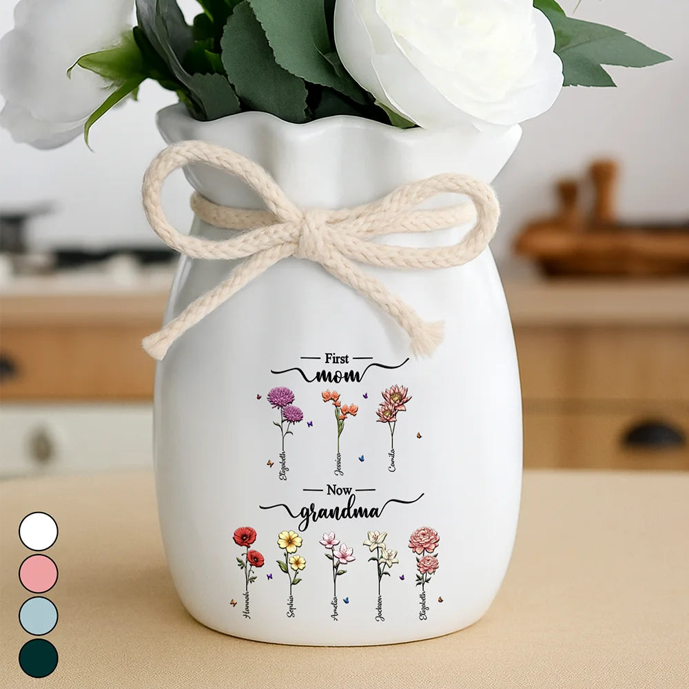 Gift For Grandma,Gift For Mother,Gift For Women,Happy - Birth Month Flowers First Mom Now Grandma - Personalized Ribbon Tie Flower Vase