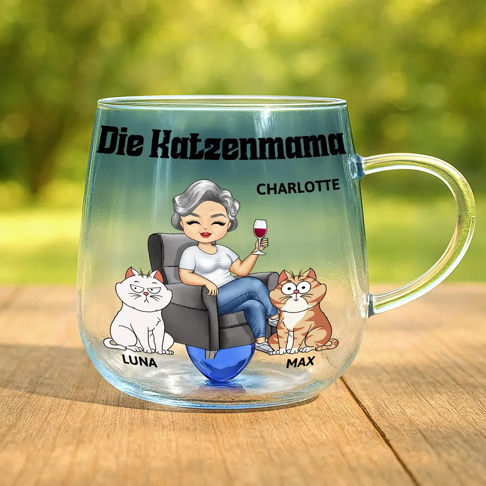 Cat Lovers,Cat Mom,Cat Dad,Happy,Non-Eng,Gift For Women,Gift For Men - Die Katzenmama - Personalisierte Farbverlauf Glastasse
