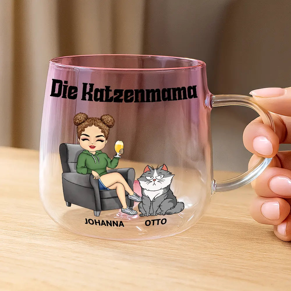 Cat Lovers,Cat Mom,Cat Dad,Happy,Non-Eng,Gift For Women,Gift For Men - Die Katzenmama - Personalisierte Farbverlauf Glastasse