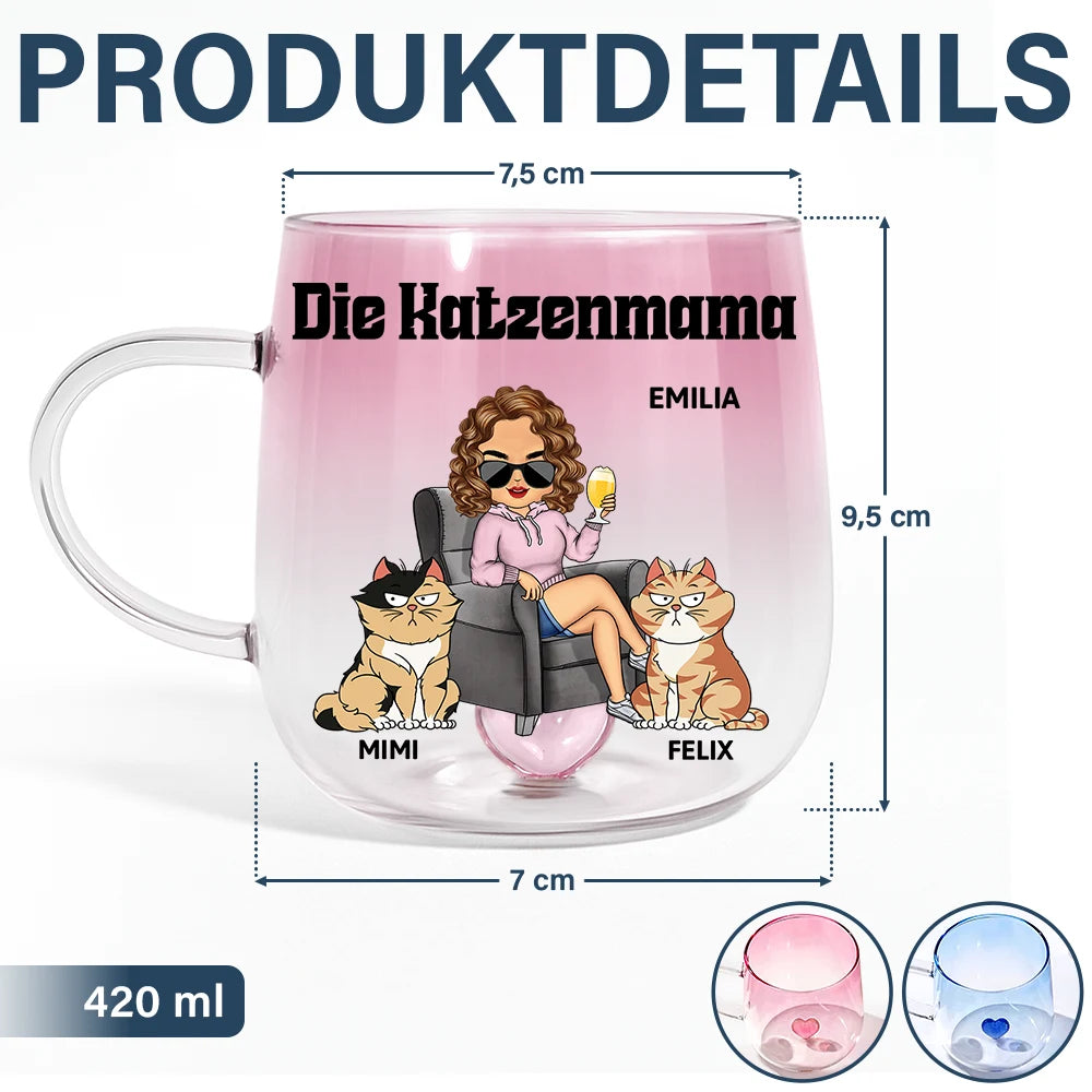Cat Lovers,Cat Mom,Cat Dad,Happy,Non-Eng,Gift For Women,Gift For Men - Die Katzenmama - Personalisierte Farbverlauf Glastasse