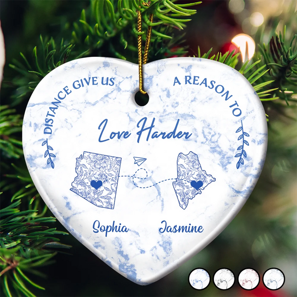 Christmas,Long Distance,Gift For Couples - Distance Give Us A Reason To Love Harder Toile US State - Personalized Heart Ceramic Ornament