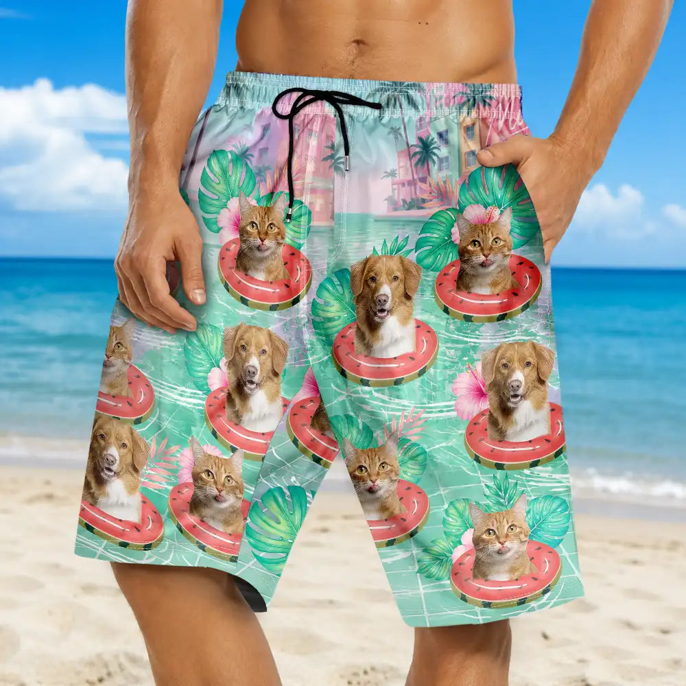 Dog Dad,Pet Lovers,Gift For Father,Custom Photo,Summer,Top Market,Adorable,Remove BG Photo - Custom Photo Dog Cat Kid Summer Poolside - Personalized Unisex Beach Shorts