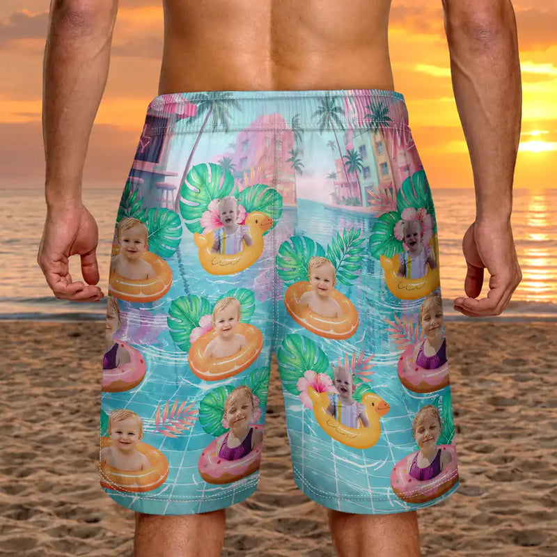 Dog Dad,Pet Lovers,Gift For Father,Custom Photo,Summer,Top Market,Adorable,Remove BG Photo - Custom Photo Dog Cat Kid Summer Poolside - Personalized Unisex Beach Shorts