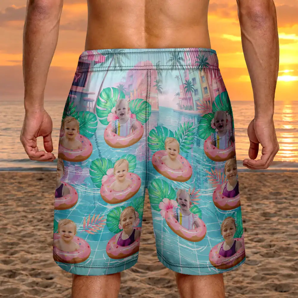 Dog Dad,Pet Lovers,Gift For Father,Custom Photo,Summer,Top Market,Adorable,Remove BG Photo - Custom Photo Dog Cat Kid Summer Poolside - Personalized Unisex Beach Shorts