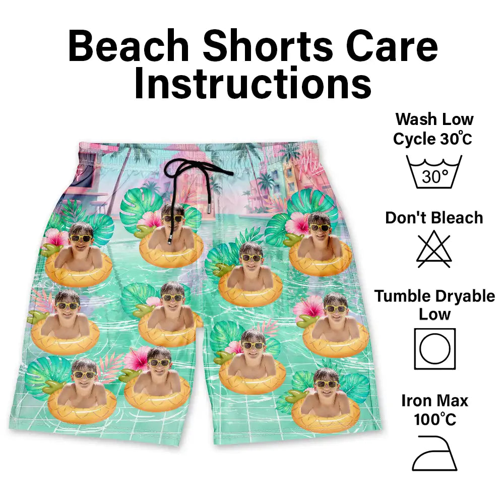 Dog Dad,Pet Lovers,Gift For Father,Custom Photo,Summer,Top Market,Adorable,Remove BG Photo - Custom Photo Dog Cat Kid Summer Poolside - Personalized Unisex Beach Shorts