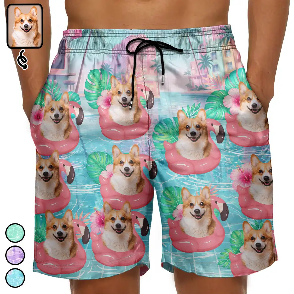 Dog Dad,Pet Lovers,Gift For Father,Custom Photo,Summer,Top Market,Adorable,Remove BG Photo - Custom Photo Dog Cat Kid Summer Poolside - Personalized Unisex Beach Shorts