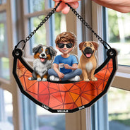 Dog Lovers, Dog Dad, Happy - Dog Lovers Sitting On The Moon - Personalized Window Hanging Suncatcher Ornament