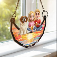 Dog Lovers, Dog Dad, Happy - Dog Lovers Sitting On The Moon - Personalized Window Hanging Suncatcher Ornament