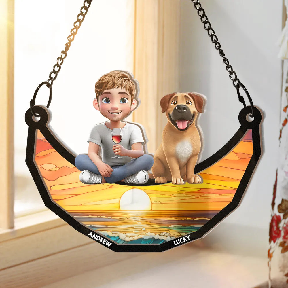 Dog Lovers Sitting On The Moon - Personalized Window Hanging Suncatcher Ornament