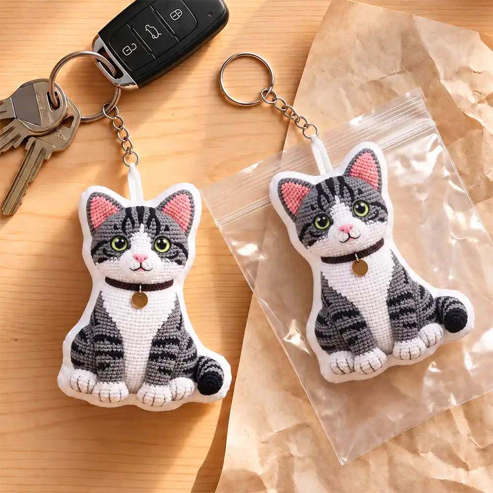 Adorable,Art Design,Christmas,Custom Photo,Pet Lovers,Photo - Crochet Pet - Dog Cat Gift For Pet Lover - Personalized Custom Photo Crochet Doll Effect Plush Keychain