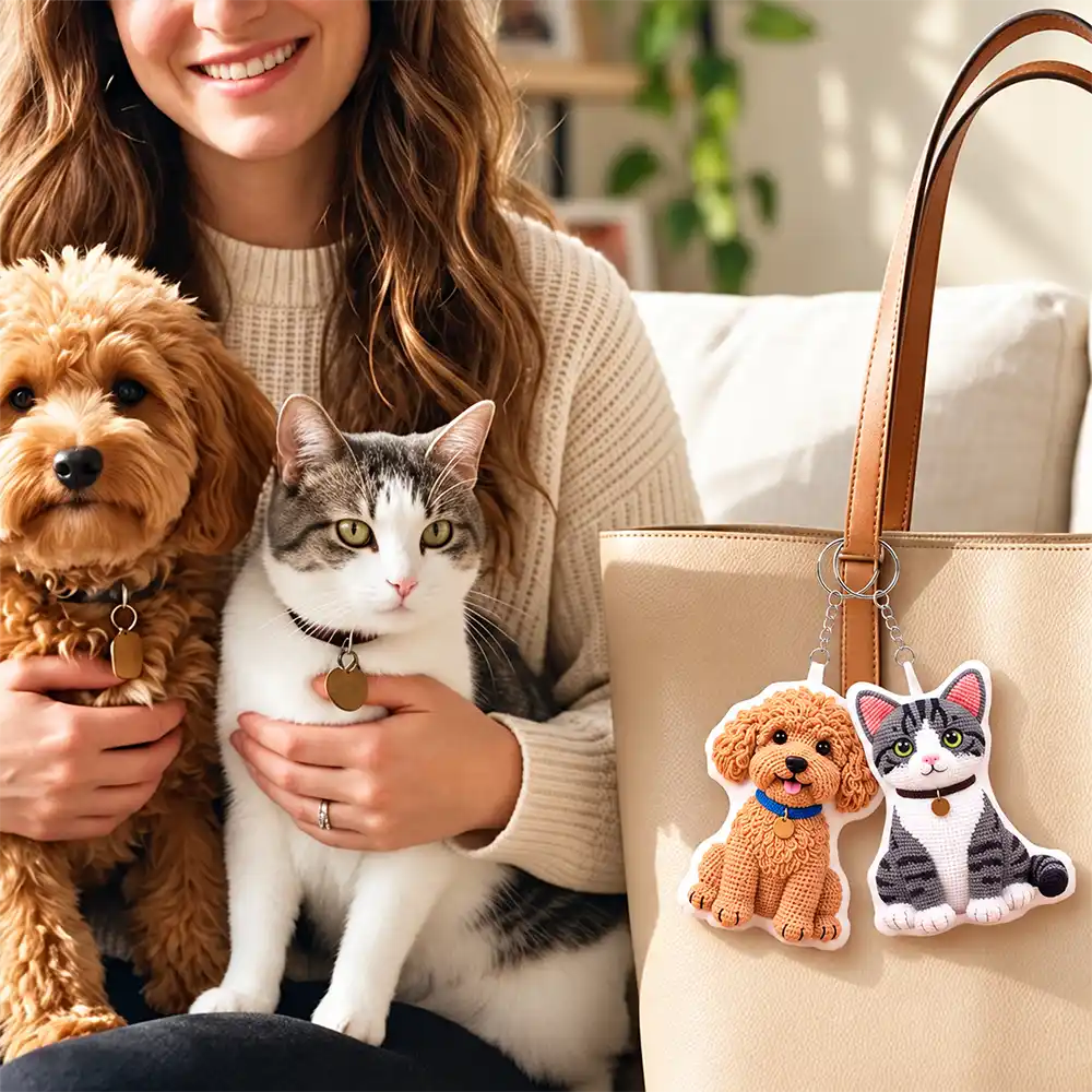 Adorable,Art Design,Christmas,Custom Photo,Pet Lovers,Photo - Crochet Pet - Dog Cat Gift For Pet Lover - Personalized Custom Photo Crochet Doll Effect Plush Keychain