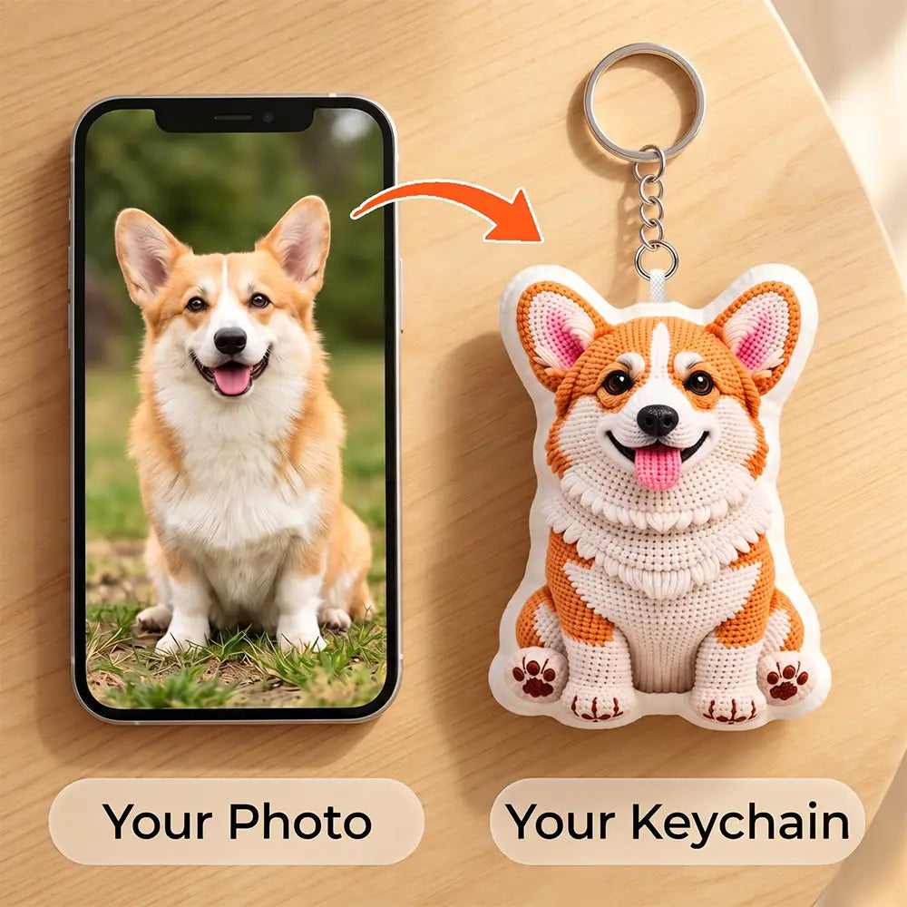 Adorable,Art Design,Christmas,Custom Photo,Pet Lovers,Photo - Crochet Pet - Dog Cat Gift For Pet Lover - Personalized Custom Photo Crochet Doll Effect Plush Keychain