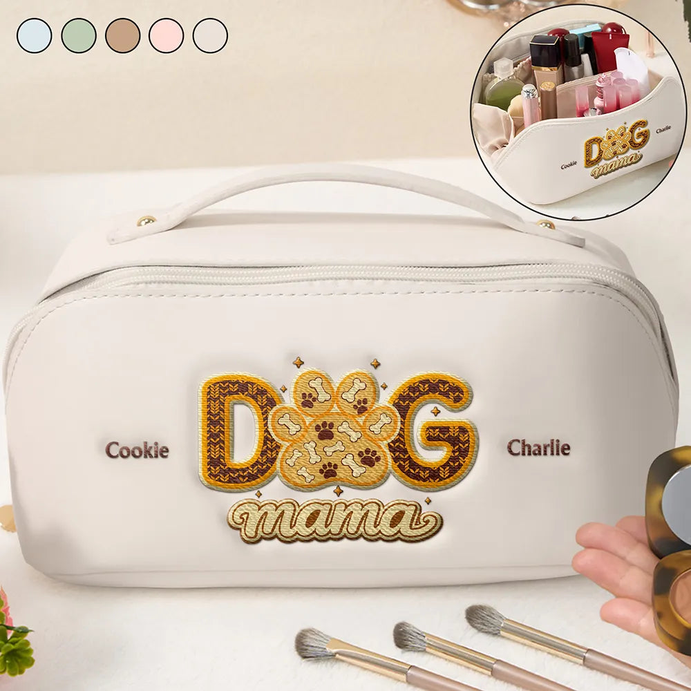 Pet Mom,Happy - Dog Cat Mama Mom Custom Pet Name - Personalized Embroidered Leather Makeup Bag
