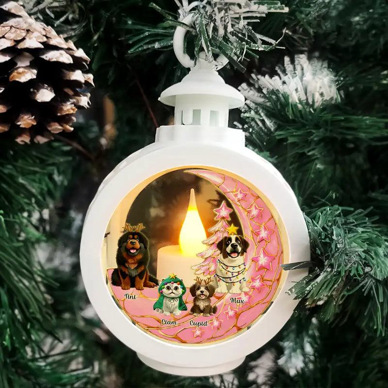 Dog Lovers,Dog Mom,Dog Dad,Dog Couple,Love,Christmas,Pet Lovers,Pet Mom,Pet Dad,Pet Couple,Cat Lovers,Cat Mom,Cat Dad,Cat Couple - Dog Cat Sitting With Stars 3D Effect - Personalized Candlelight Lantern Ornament