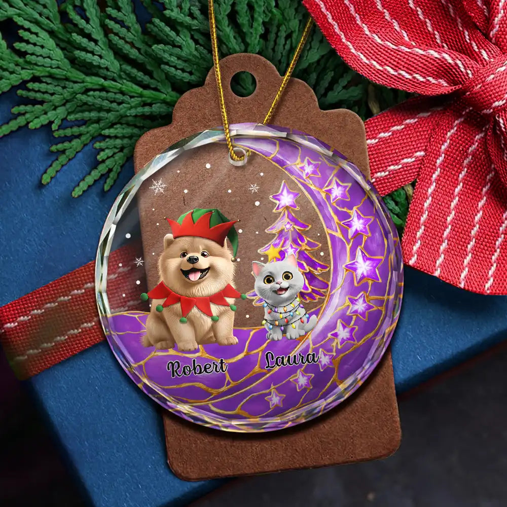 Dog Lovers,Dog Mom,Dog Dad,Dog Couple,Love,Christmas,Pet Lovers,Pet Mom,Pet Dad,Pet Couple,Cat Lovers,Cat Mom,Cat Dad,Cat Couple - Dog Cat Sitting With Stars 3D Effect - Personalized Circle Glass Ornament