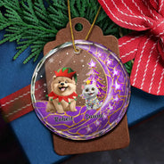 Dog Lovers,Dog Mom,Dog Dad,Dog Couple,Love,Christmas,Pet Lovers,Pet Mom,Pet Dad,Pet Couple,Cat Lovers,Cat Mom,Cat Dad,Cat Couple - Dog Cat Sitting With Stars 3D Effect - Personalized Circle Glass Ornament