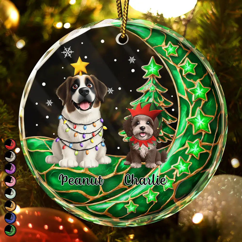 Dog Lovers,Dog Mom,Dog Dad,Dog Couple,Love,Christmas,Pet Lovers,Pet Mom,Pet Dad,Pet Couple,Cat Lovers,Cat Mom,Cat Dad,Cat Couple - Dog Cat Sitting With Stars 3D Effect - Personalized Circle Glass Ornament