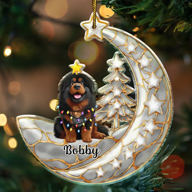 Dog Lovers,Dog Mom,Dog Dad,Dog Couple,Love,Christmas,Pet Lovers,Pet Mom,Pet Dad,Pet Couple,Cat Lovers,Cat Mom,Cat Dad,Cat Couple - Dog Cat Sitting With Stars 3D Effect - Personalized Custom Shaped Acrylic Ornament