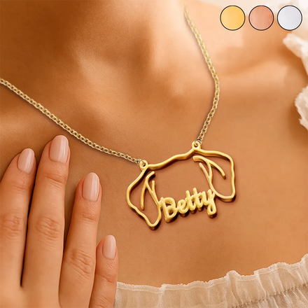 Dog Ears Line Art With Custom Name - Personalized Letter Necklace