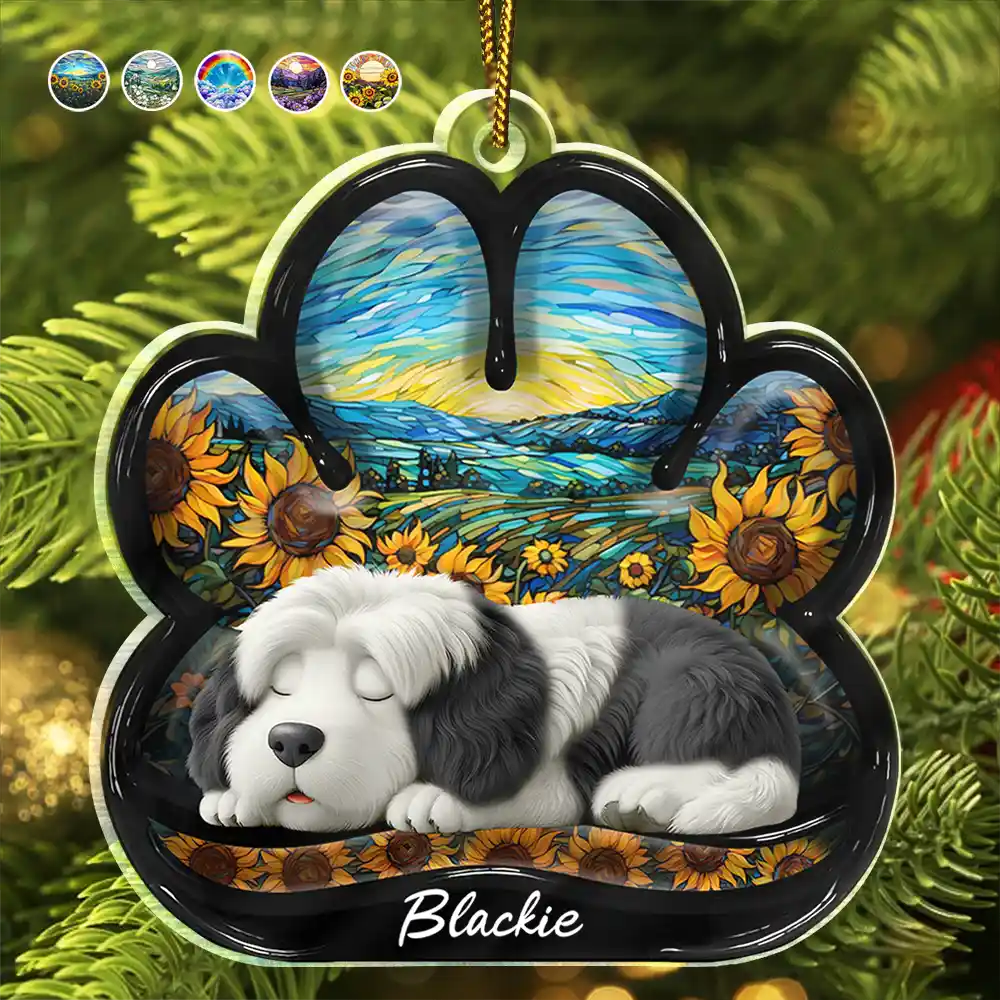 Christmas,Top Market,Pet Lovers,Pet Mom,Pet Dad,Dog Lovers,Dog Mom,Dog Dad,Happy - Dog Lying On Pawprint - Personalized Custom Shaped Acrylic Ornament