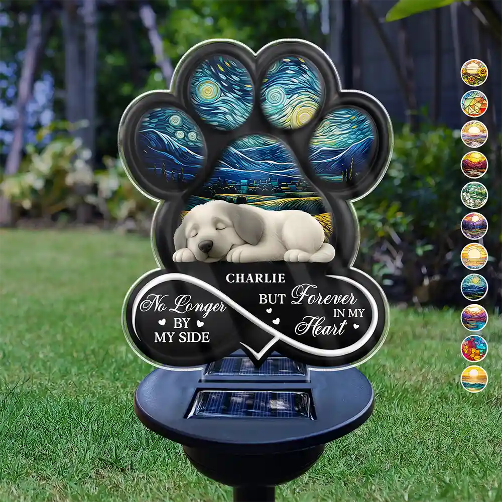 Memorial,Dog Lovers,Dog Mom,Dog Dad,Dog Couple,Non-Eng,Vector,Sympathetic - Dog Lying On Pawprint - Personalized Solar Light
