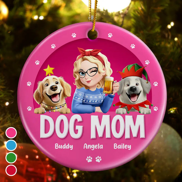 Dog Mom,Dog Lovers,Gift For Women,Gift For Yourself,Happy,Christmas - Dog Mom Christmas 3D Effect - Personalized Circle Ceramic Ornament