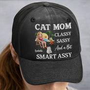 Pet Lovers,Pet Mom,Dog Lovers,Cat Lovers,Funny - Dog Mom Classy Sassy Faux Embroidery Effect - Personalized Vintage Washed Denim Cap