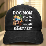 Pet Lovers,Pet Mom,Dog Lovers,Cat Lovers,Funny - Dog Mom Classy Sassy Faux Embroidery Effect - Personalized Vintage Washed Denim Cap