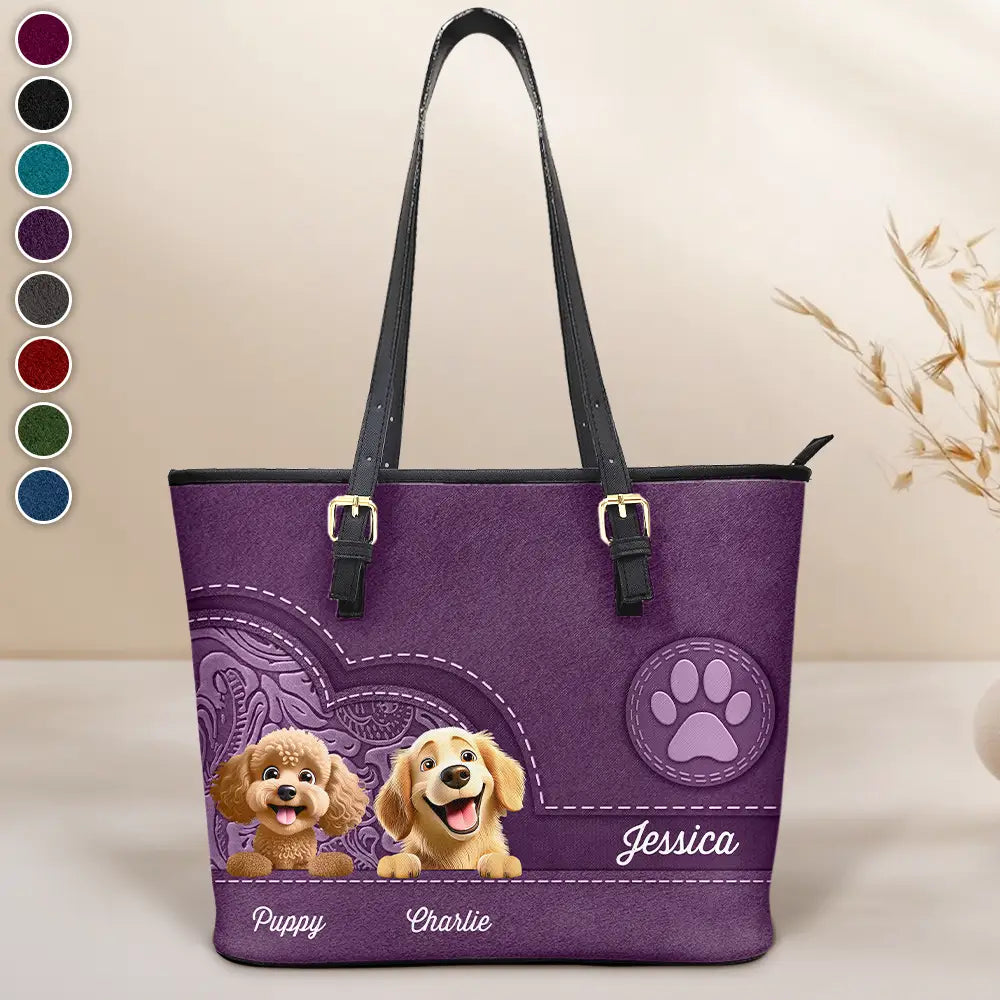 Dog Mom Cute 3D Effect Dog - Personalized Leather Tote Bag