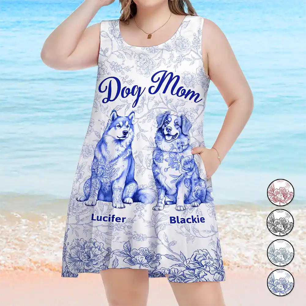 Happy, Pet Lovers, Pet Mom, Dog Lovers, Dog Mom, Beach - Dog Mom Toile De Jouy Style - Personalized Sleeveless Tank Dress