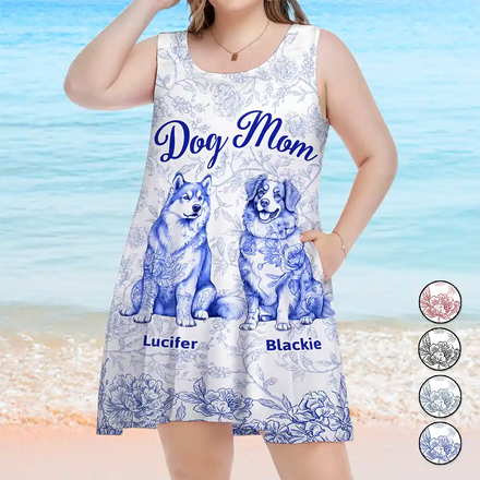 Dog Mom Toile De Jouy Style - Personalized Sleeveless Tank Dress